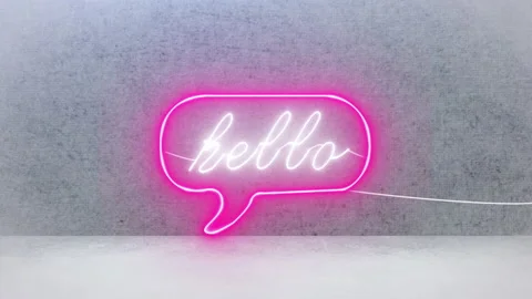 Hello message into a bubble chat neon signboard on wet wall background. Stock Footage 220819106
