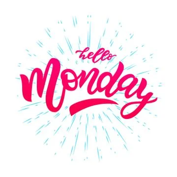 Hello Monday hand drawn calligraphy lettering phrase with rays. Vector illust Stock Illustration