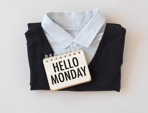 Hello Monday text written on a notebook lying on a shirt, the concept of th.. Stock Photos