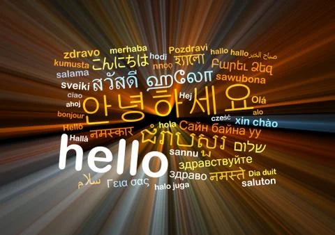 Hello multilanguage wordcloud background concept glowing Stock Illustration