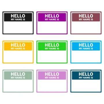 Hello my name is name tags set colorful sticker badges border collection Illustrazione stock