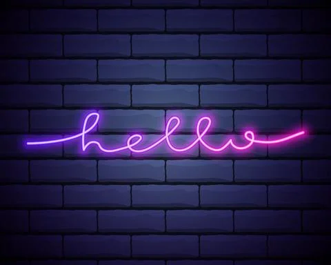 Hello Neon Text Vector with a brick wall background. Hello neon sign design t Stock Illustration
