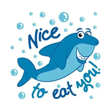 Hello, nice to (M)eat you!' funny vector text quotes and shark drawing. Stock Illustration