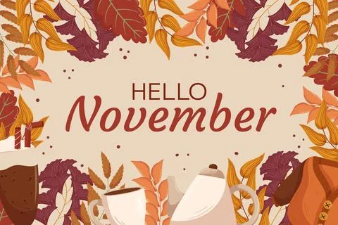 Hello November background design with different leaves branches, hot cocoa dr Illustrazione stock