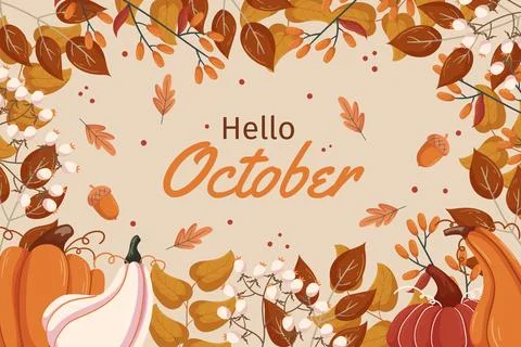 Hello October background design with different leaves branches, pumpkins and Stock Illustration