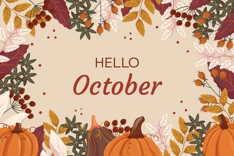 Hello October background design with different leaves branches, pumpkins, red Stock Illustration