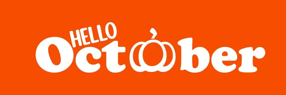 Hello October banner with text and pumpkin isolated on orange background. Hello Stock Illustration
