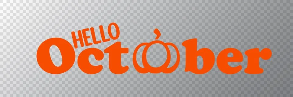 Hello October banner with text and orange pumpkin isolated on transparent grid イラスト素材