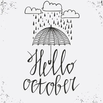 Hello October- hand drawn poster. Stylish typographic poster design. Illustrazione stock