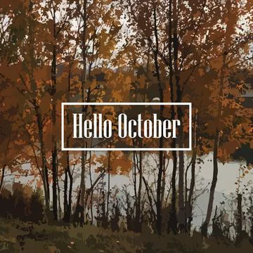 Hello October square banner background with autumn forest landscape, golden Stock Illustration