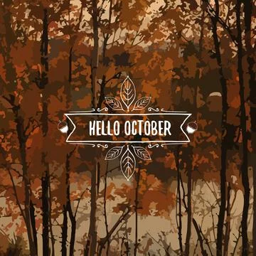 Hello October square banner background with autumn forest landscape, golden Stock Illustration