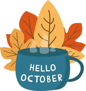 Hello october vector with leaves and cup of tea Stock Illustration