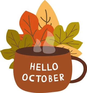 Hello october vector with leaves and cup of tea Stock Illustration