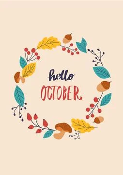 Hello October wreath design template print with orange foliage, mushrooms Stock Illustration
