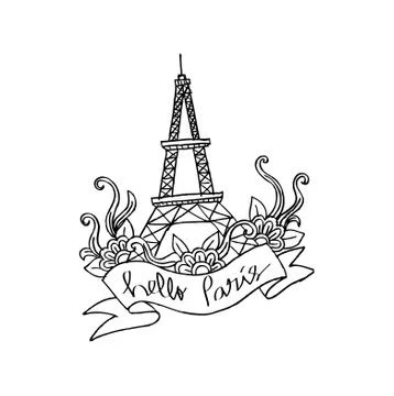 Hello Paris text with tower Eiffel and flowers. Stock Illustration
