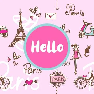 Hello Paris theme card template design with hand drawn illustration. Illustrazione stock