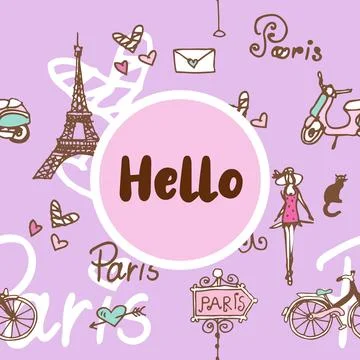 Hello Paris theme. Greeting card template. Stock Illustration