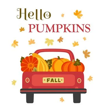 Hello Pumpkins Fall Harvest in Red Pickup Truck Stock Illustration
