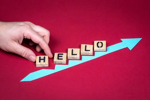 HELLO. Red arrow indicates the development and growth Stock Photos