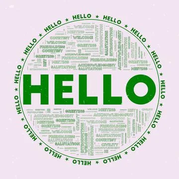 Hello - round badge. Text hello with keywords word clouds and circular text.. Stock Illustration