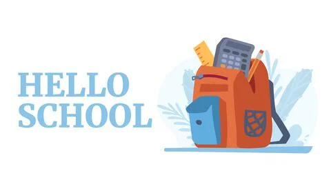 Hello school banner with backpack, flat vector illustration on white background. イラスト素材