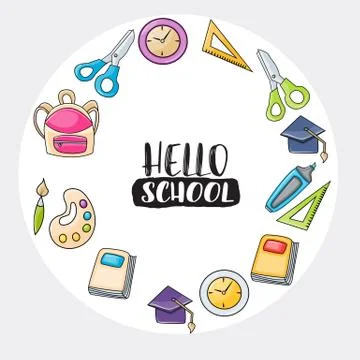 Hello school doodle clip art greeting card Stock Illustration