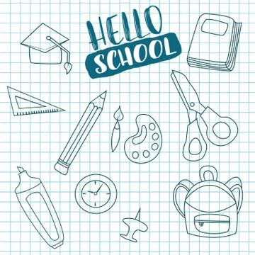Hello school doodle greeting card Stock Illustration