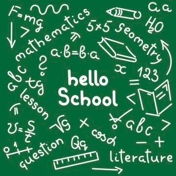 Hello School. Doodle hand-drawing. Names of school subjects, formulas, books, Stock Illustration