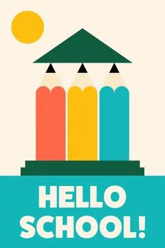 Hello School greeting card or banner with colorful pencils Ilustración de archivo