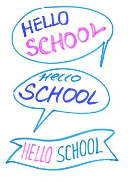 Hello school, hand-drawn elements in blue, pink felt-tip pen on a white Illustrazione stock