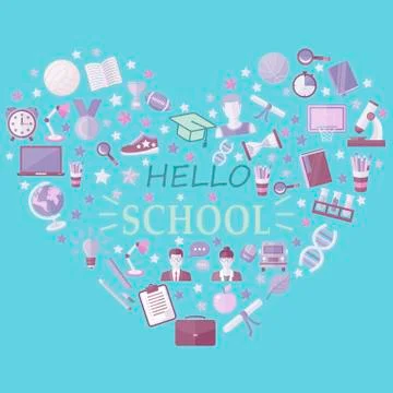 Hello school icon set in heart symbol in flat style Stock Illustration
