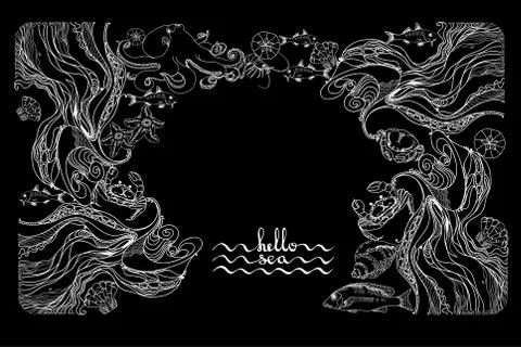 Hello sea. Vector card with handwritten text, sea creatures. Stock Illustration