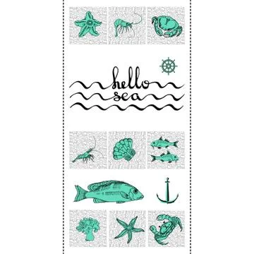 Hello sea. Vector card with handwritten text, sea creatures. Stock Illustration
