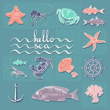 Hello sea. Vector card with handwritten text, sea creatures. Stock-Illustration