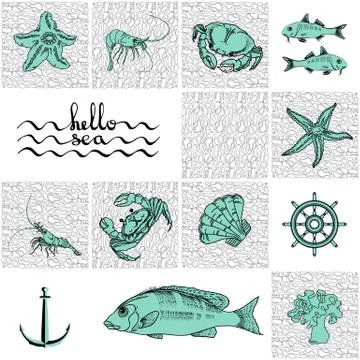 Hello sea. Vector card with handwritten text, sea creatures. Illustrazione stock