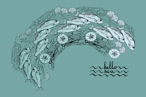 Hello sea. Vector card with handwritten text, sea creatures. Stock Illustration