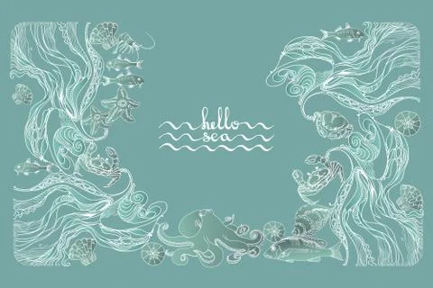 Hello sea. Vector card with handwritten text, sea creatures. Stock Illustration
