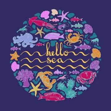 Hello sea. Vector card with handwritten text, sea creatures. Illustrazione stock