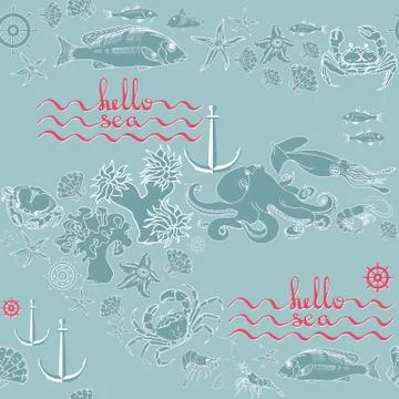 Hello sea. Vector seamless pattern of sea creatures. Stock Illustration