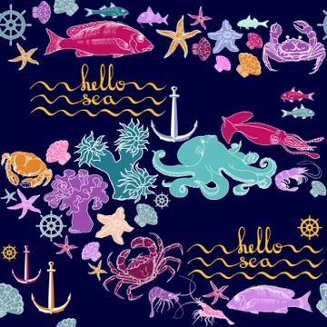 Hello sea. Vector seamless pattern of sea creatures. Stock Illustration