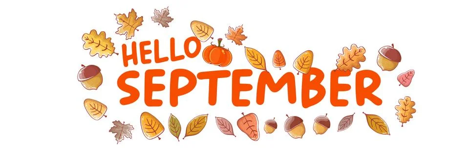 Hello September autumn lettering vector illustration. Brown script Hello Stock Illustration
