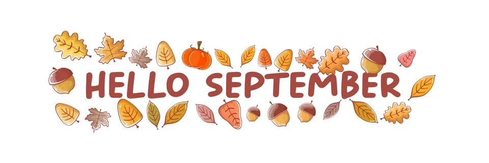 Hello September autumn lettering vector illustration. Brown script Hello Stock Illustration