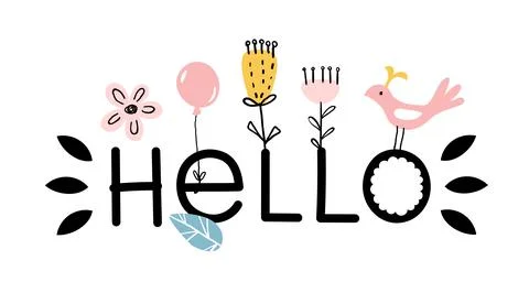 Hello. Simple word design with decorative elements from flowers, a balloon, a 스톡 일러스트