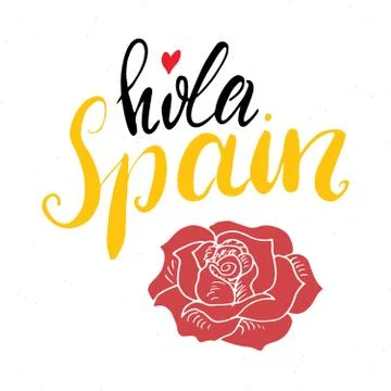 Hello Spain hand drawn greeting card with lettering and sketched rose. Vector Stock Illustration