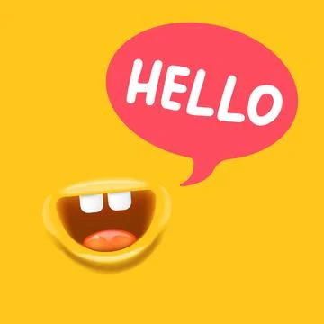 Hello Speech Bubble Character Vector, Smiling Mouth with Teeth, hello speech Stock Illustration