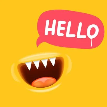 Hello Speech Bubble Character Vector, Smiling Mouth with Teeth, hello speech Stock Illustration