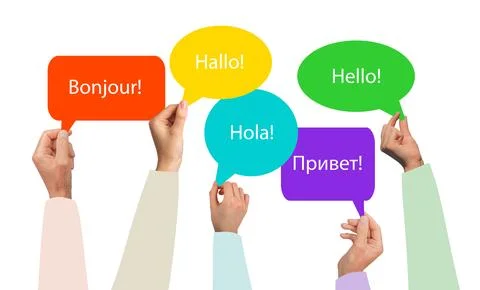 Hello speech bubble with multilingual greetings. Word HI in English, Spanish, Stock Photos