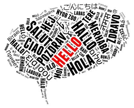 Hello speech bubble shaped in different languages word cloud Stock Photos