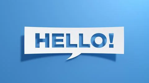 Hello! Speech Bubble. White cut out paper on blue background. 3D Render. Stock Illustration