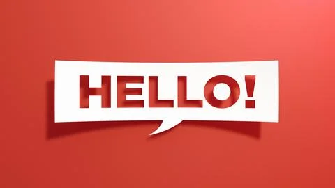 Hello - Speech Bubble. White Cut Out Paper on Red Background. 3D Render. Stock Illustration
